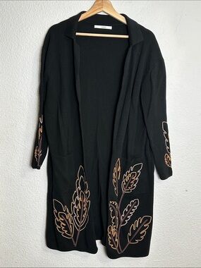 Uterque Cotton Leaf Embroidered Black Cardigan Open Front Long Sleeve Small
